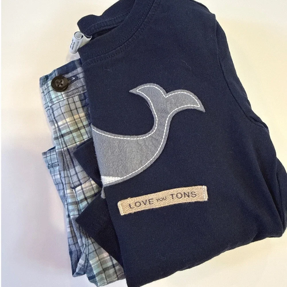 Janie & Jack Baby Boys Whale Long Sleeve Shirt Plaid Shorts Set‎ 18-24 M Outfit